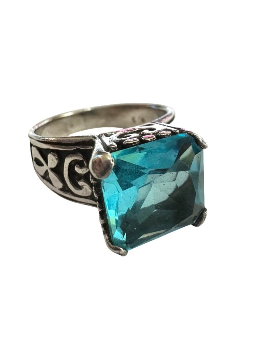 Sterling Silver Ring With Blue Square Cut Glass Size 7.5